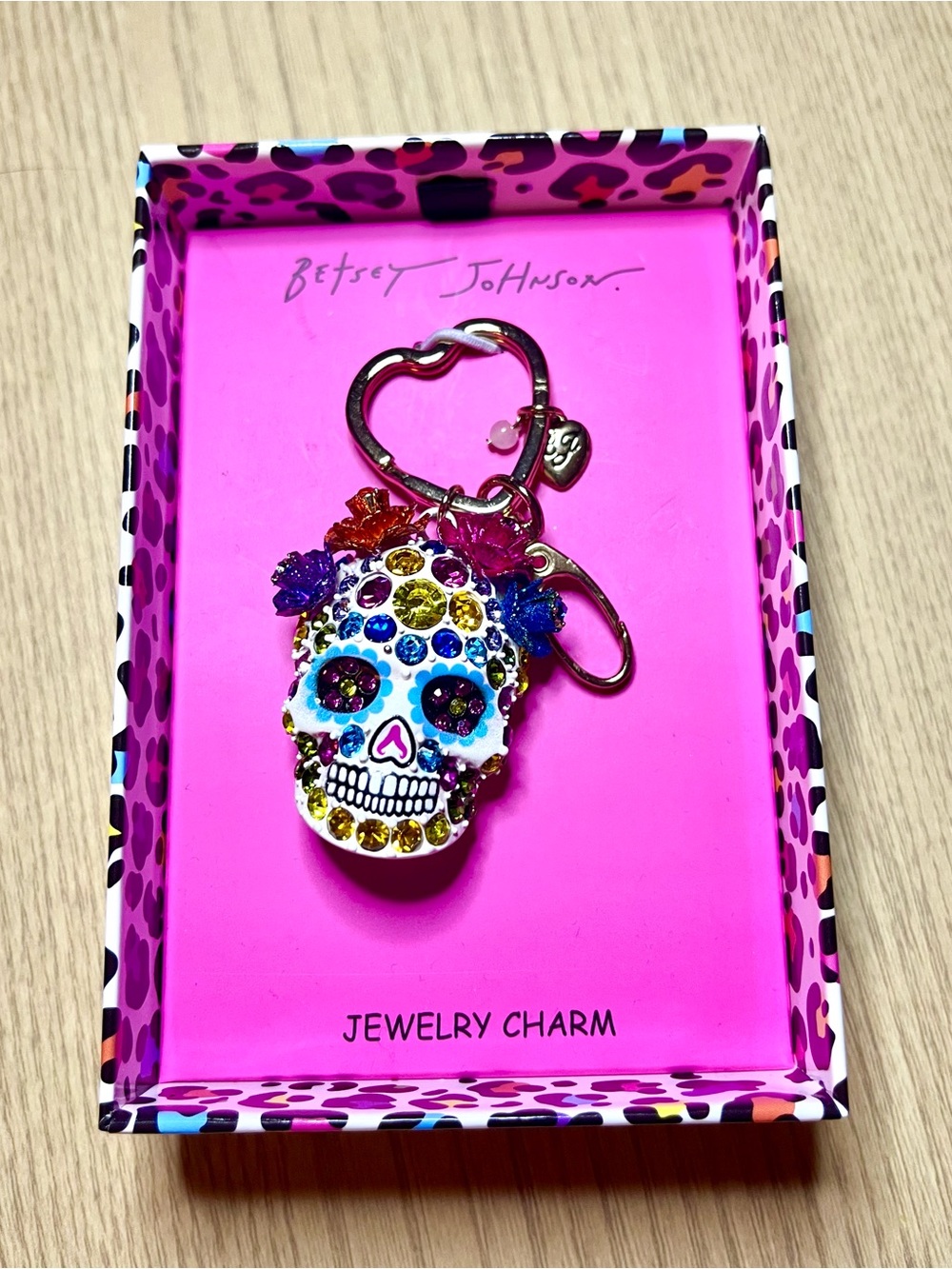 Betsey Johnson White Sugar Skull Bag Charm Keychain with Multicolor Stones - NWT